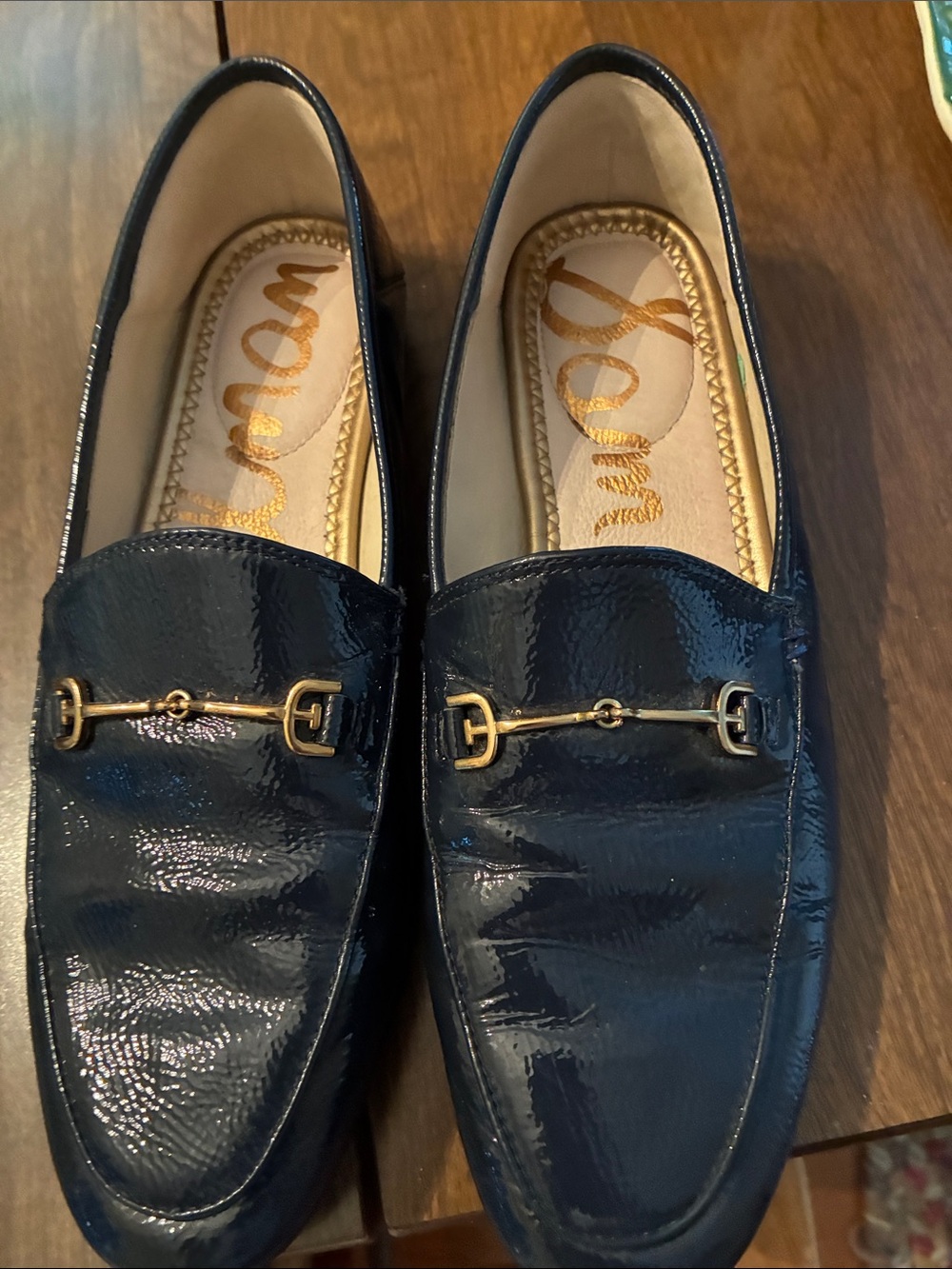 Sam Edelman Black Patent Leather Women's Loafers with Gold Bit